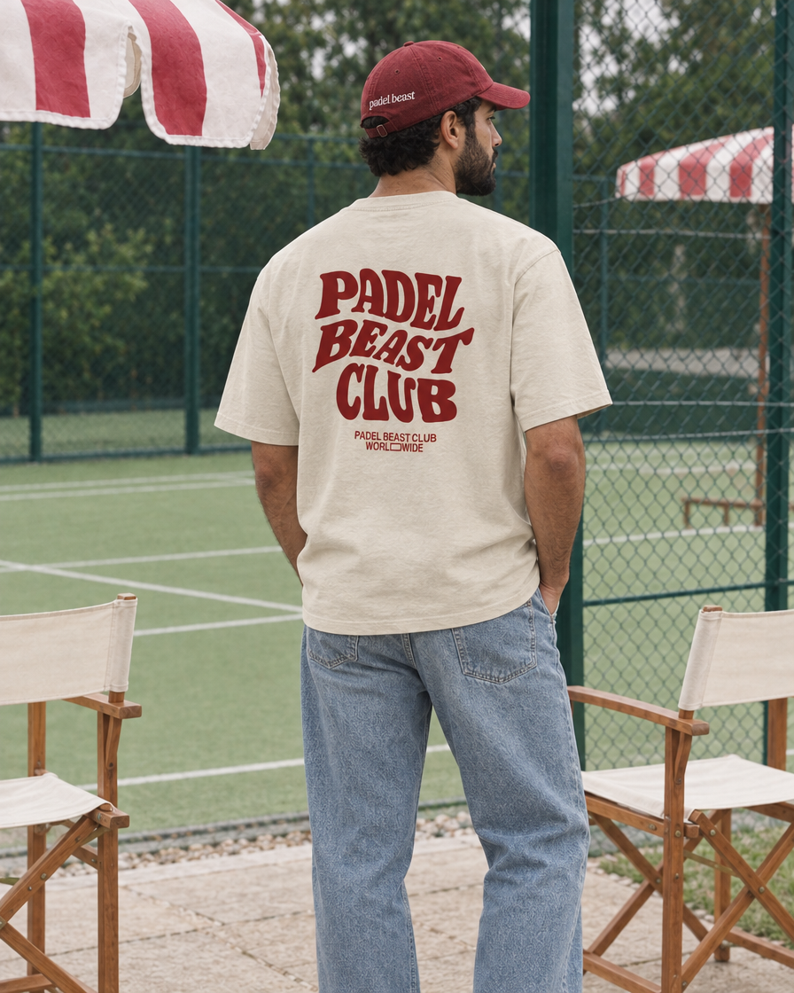 Padel Beast Club cream tee on a man, back print