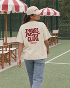 Padel Beast Club cream tee on a woman, back print
