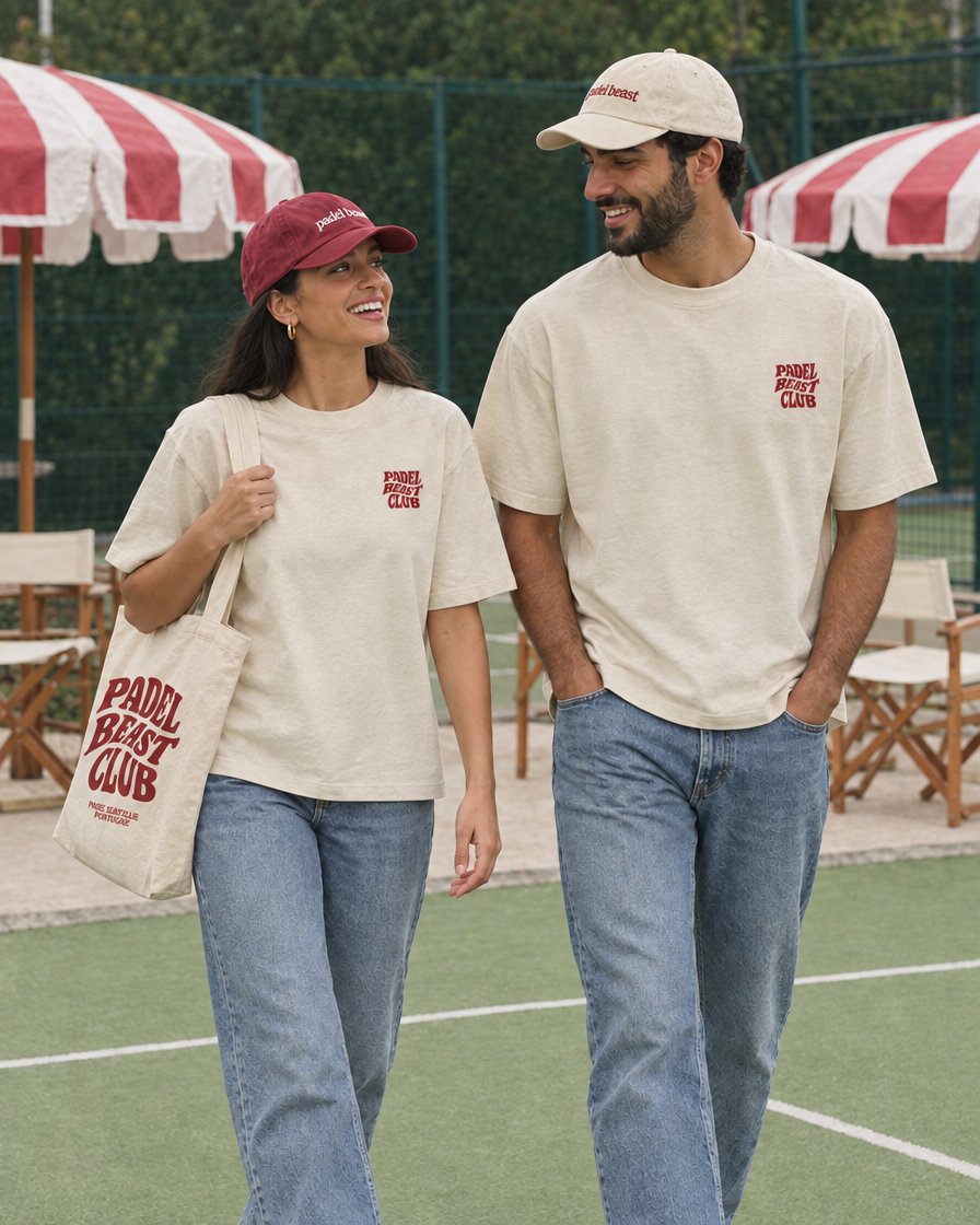 Couple wearing the Padel Beast Club cream tee at the padel club