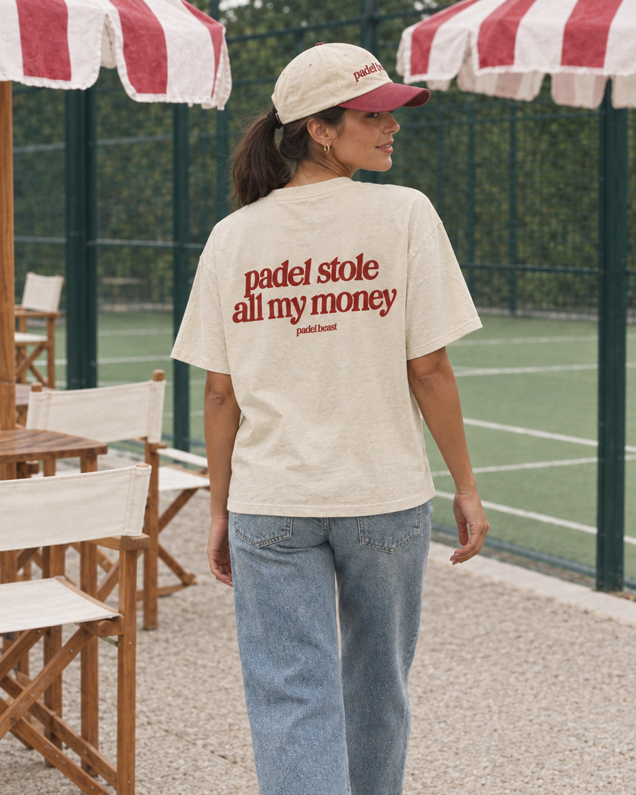 Padel stole all my money cream tee on a woman, back print