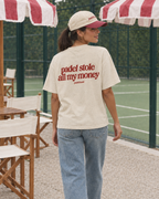 Padel stole all my money cream tee on a woman, back print