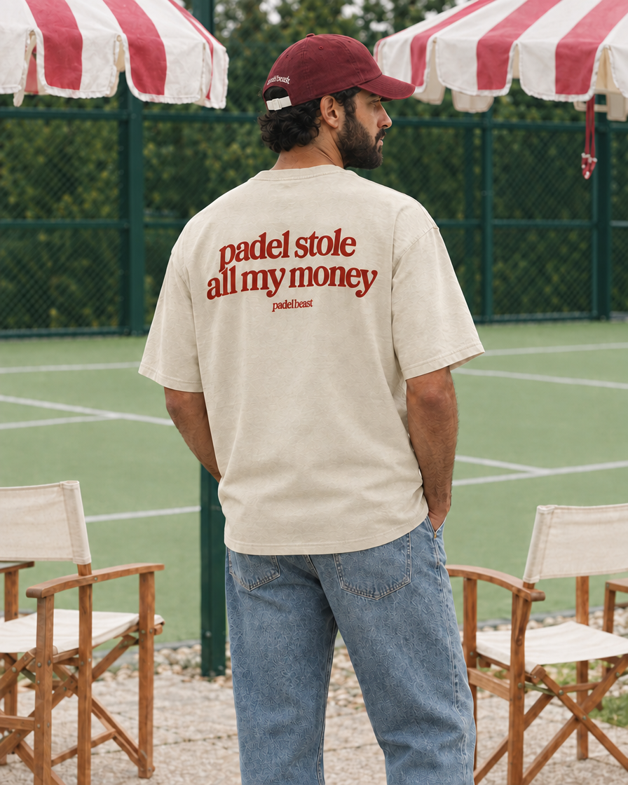 Padel stole all my money cream tee on a man, back print