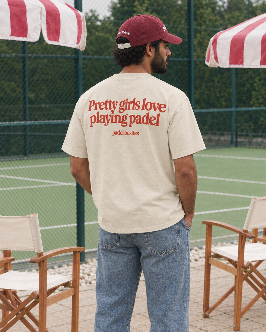 Pretty girls love playing padel cream tee on a man, back print