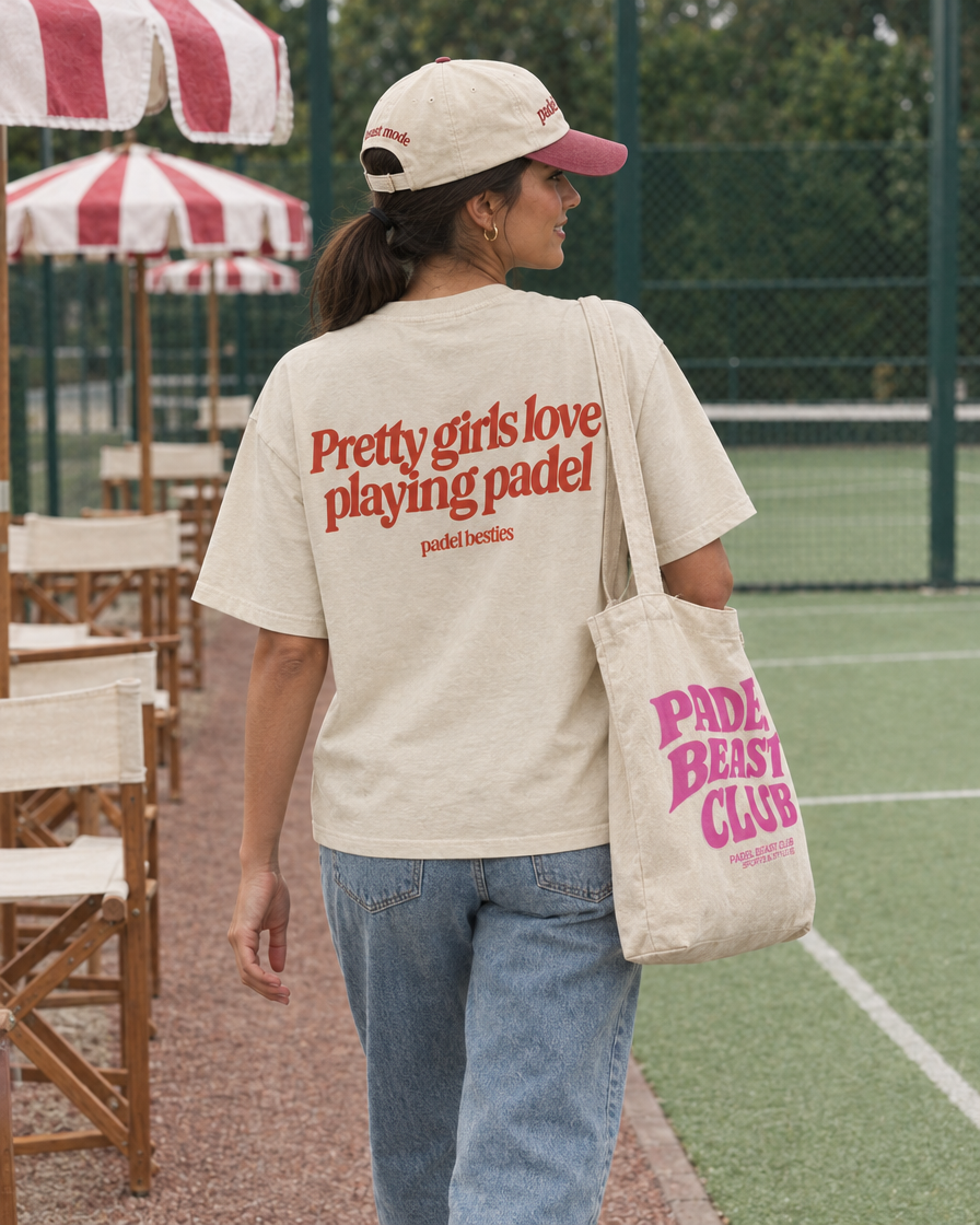 Pretty girls love playing padel cream tee on a woman, back print, with tote bag
