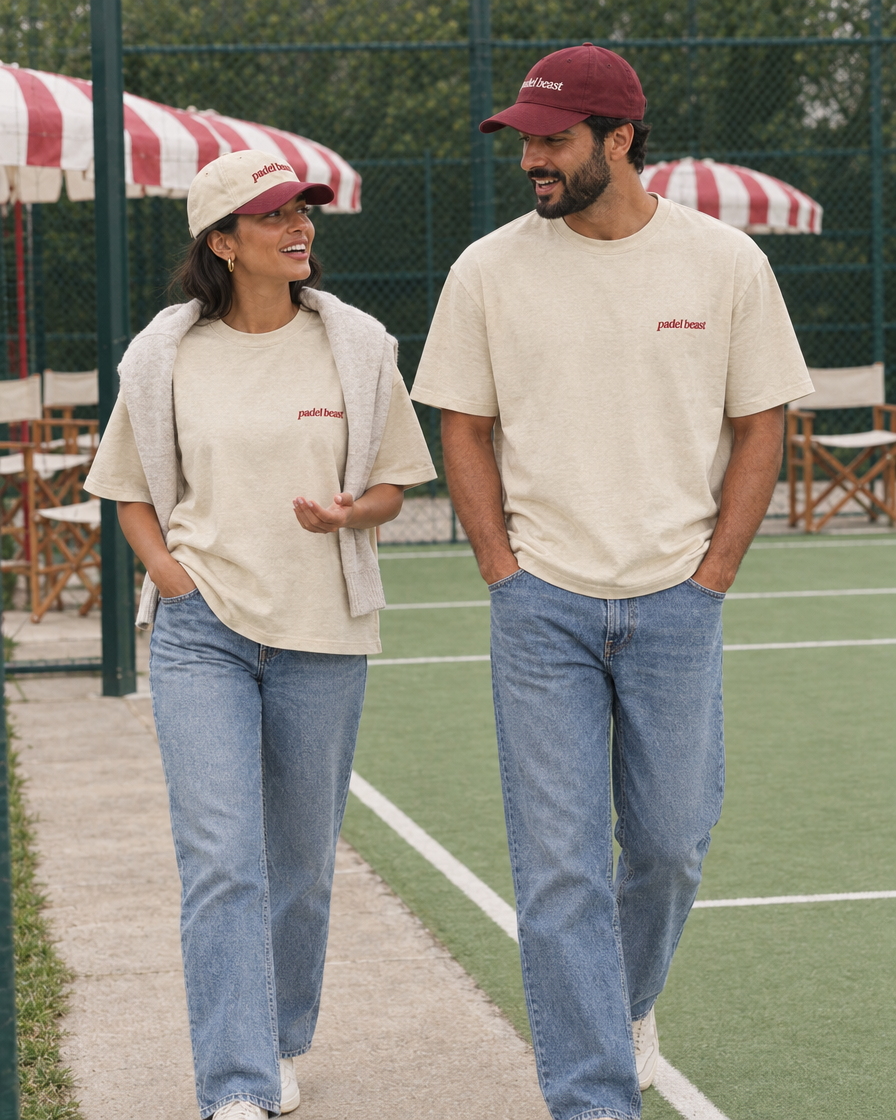 Couple wearing the Pretty girls love playing padel cream tee