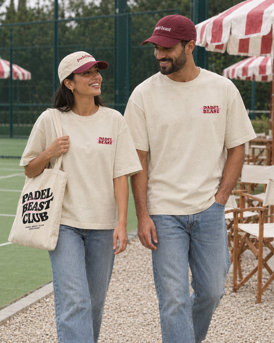 Couple wearing the Padel Beast Arabic cream tee
