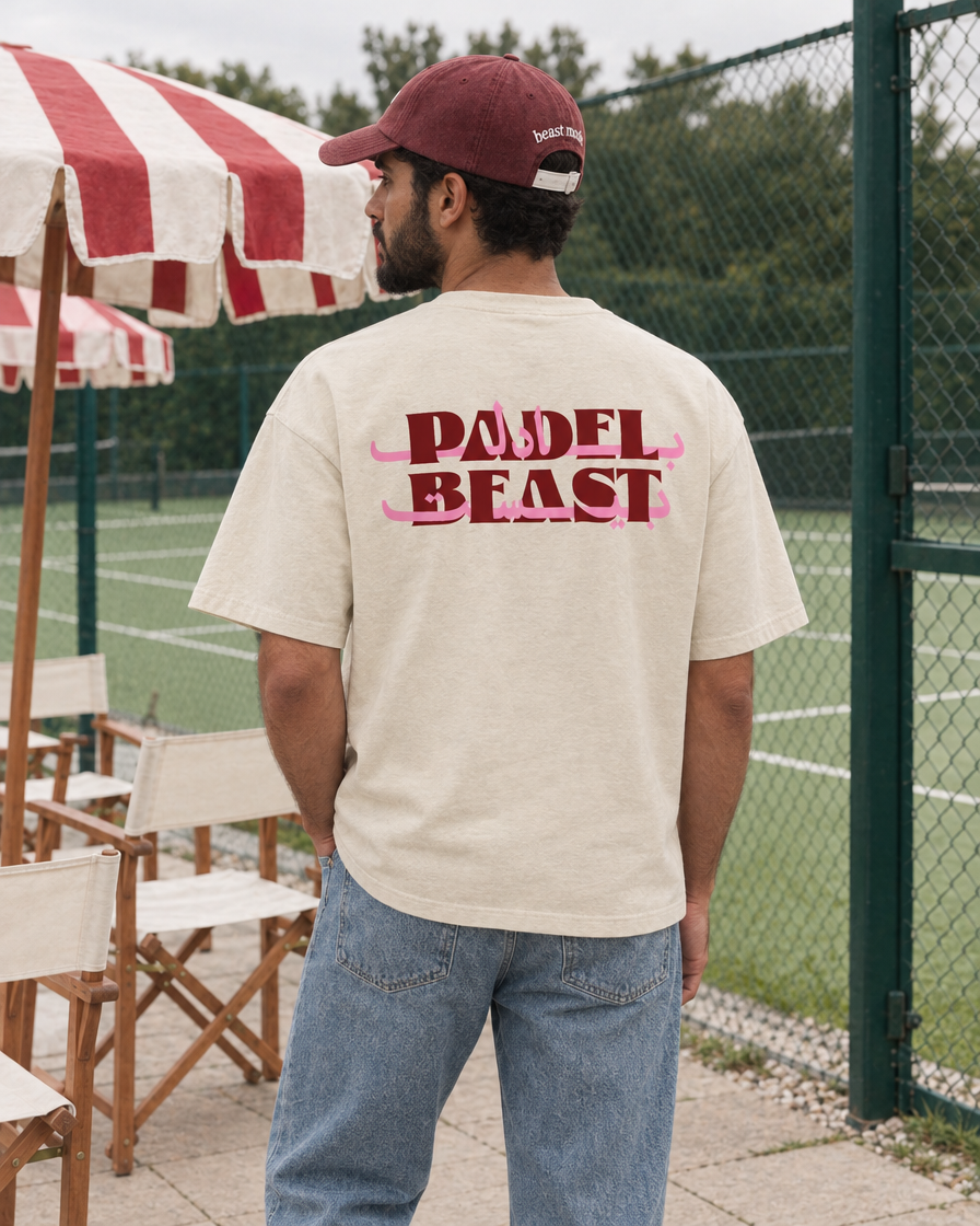 Padel Beast Arabic cream tee on a man, back print