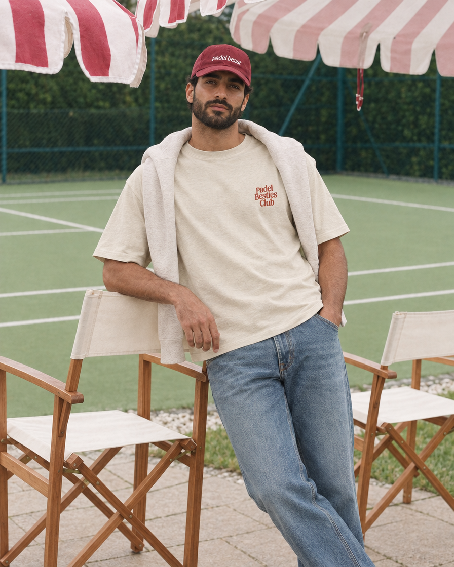 Padel Besties Club cream tee on a man, front