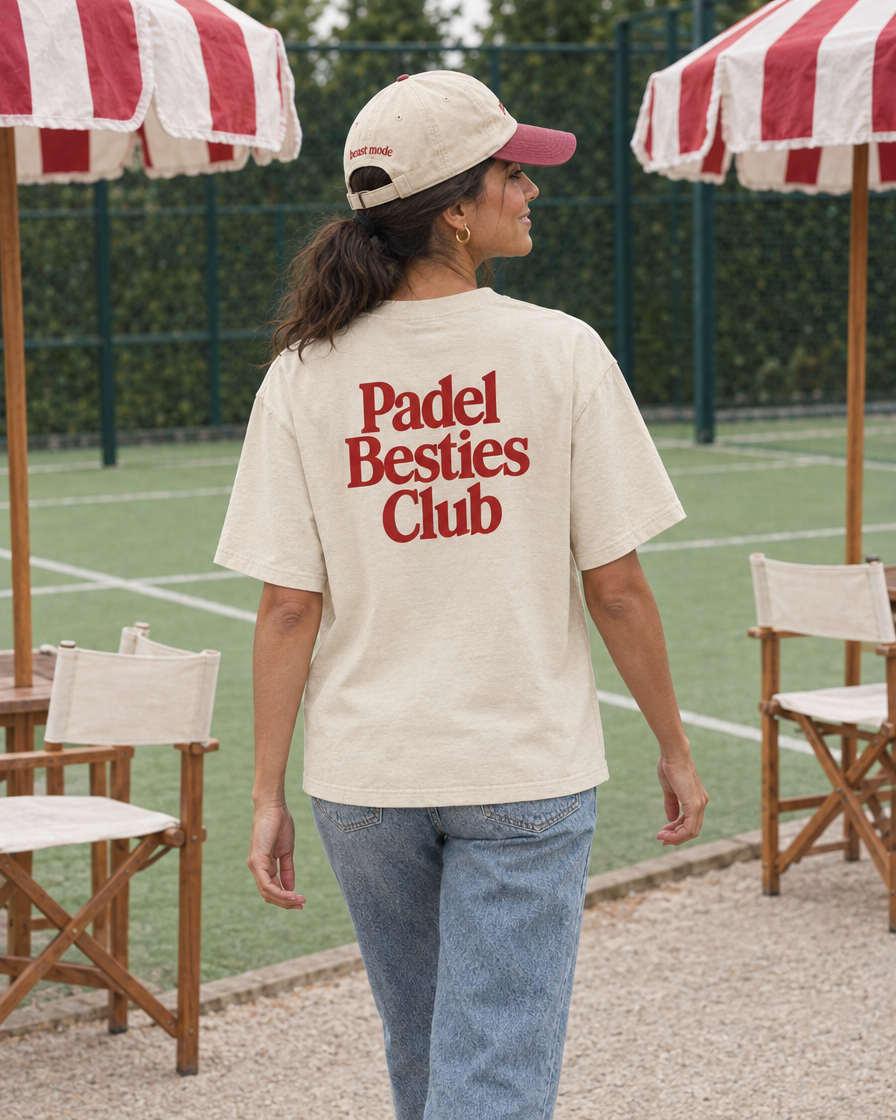 Padel Besties Club cream tee on a woman, back print