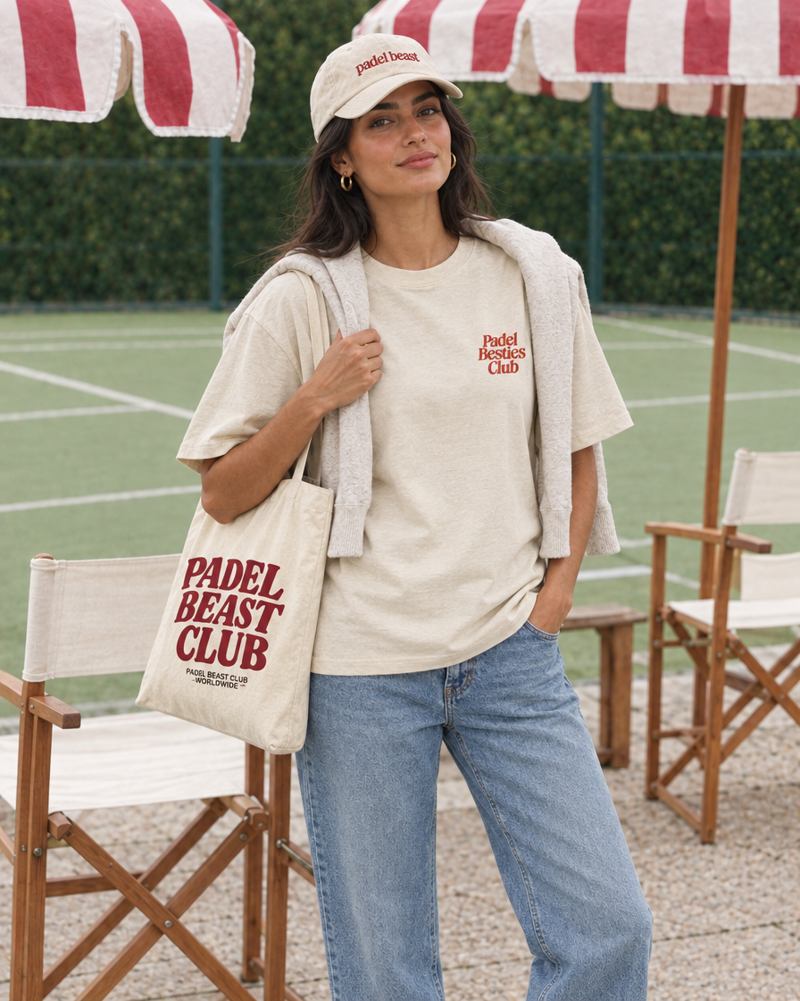 Padel Besties Club cream tee on a woman, front, with tote bag