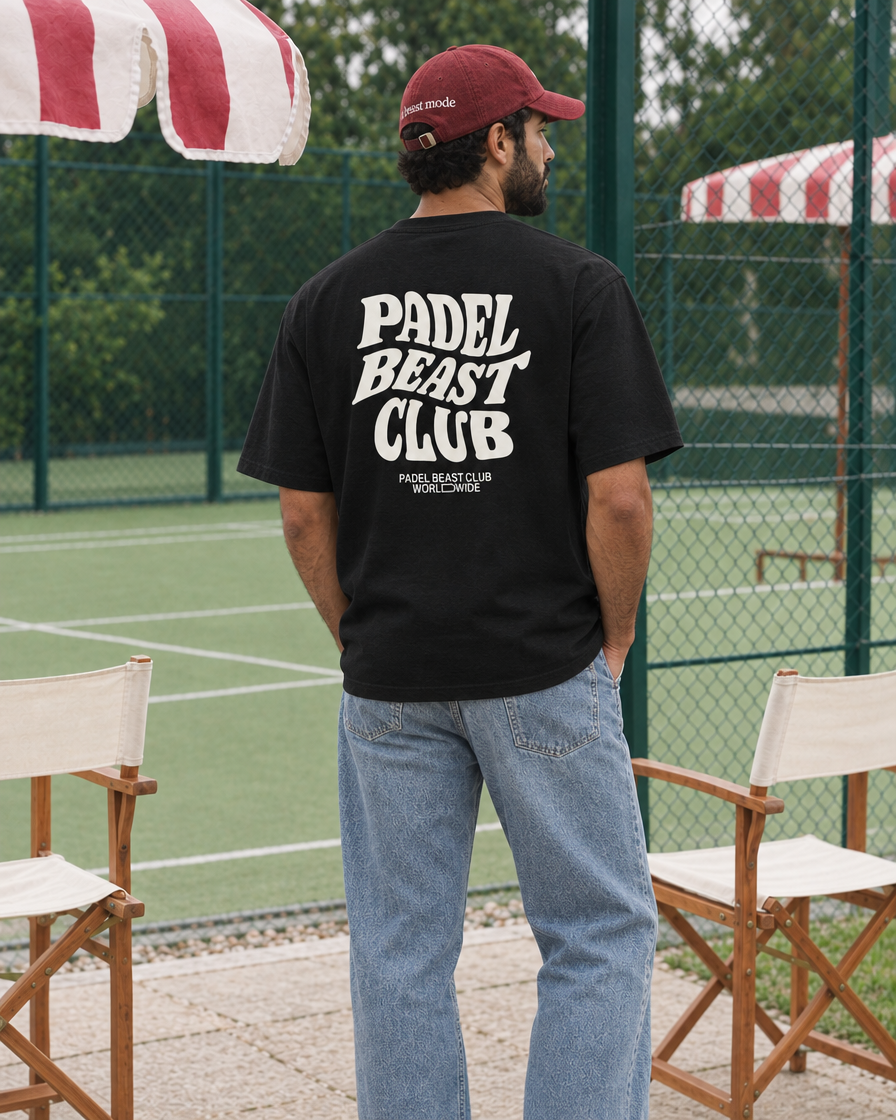 Padel Beast Club black tee on a man, back print