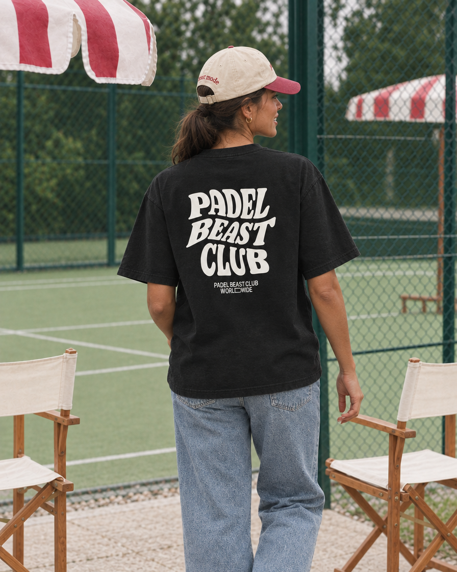 Padel Beast Club black tee on a woman, back print