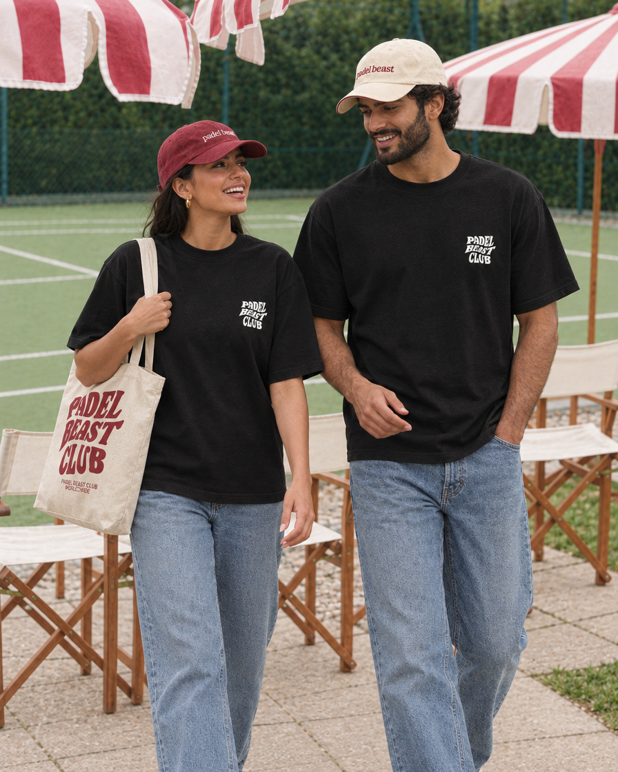 Couple wearing the Padel Beast Club black tee
