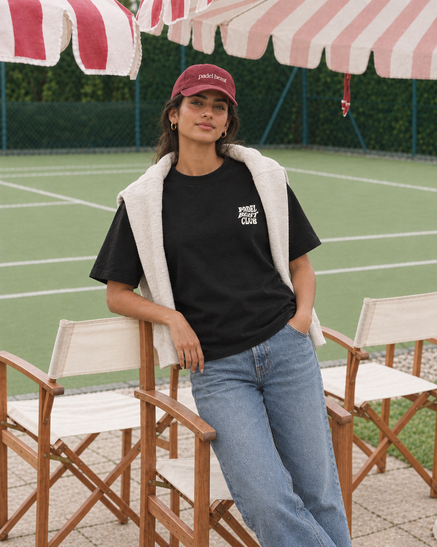 Padel Beast Club black tee on a woman, front