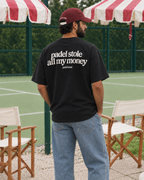 Padel stole all my money black tee on a man, back print