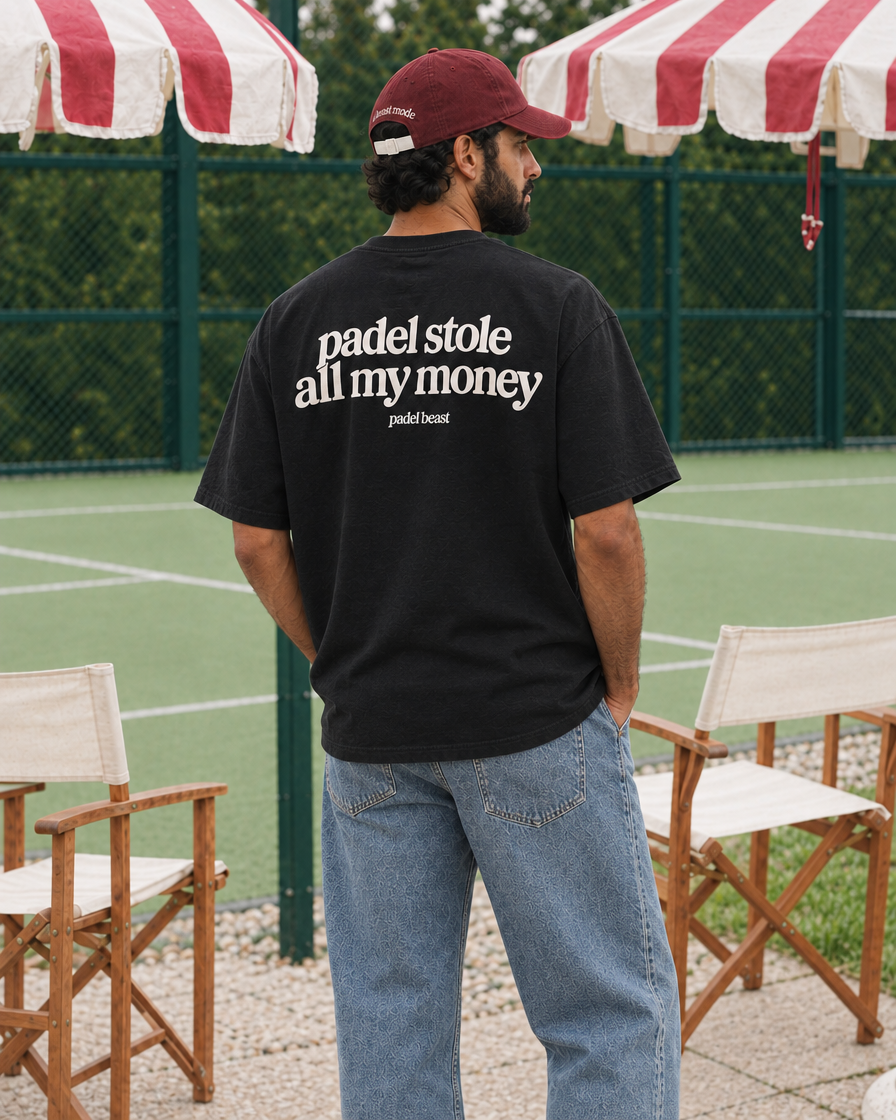 Padel stole all my money black tee on a man, back print