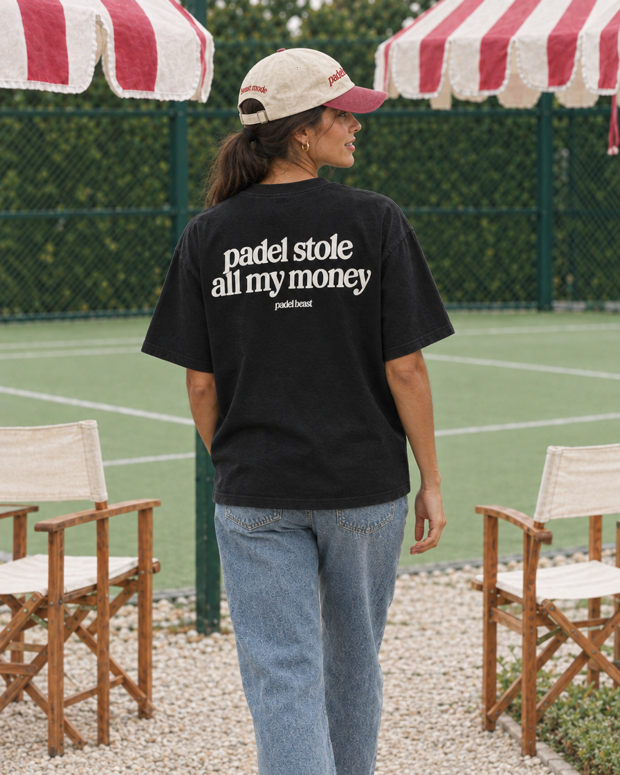 Padel stole all my money black tee on a woman, back print