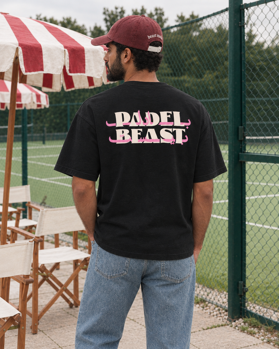 Padel Beast Arabic black tee on a man, back print