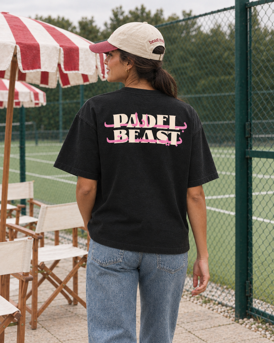 Padel Beast Arabic black tee on a woman, back print