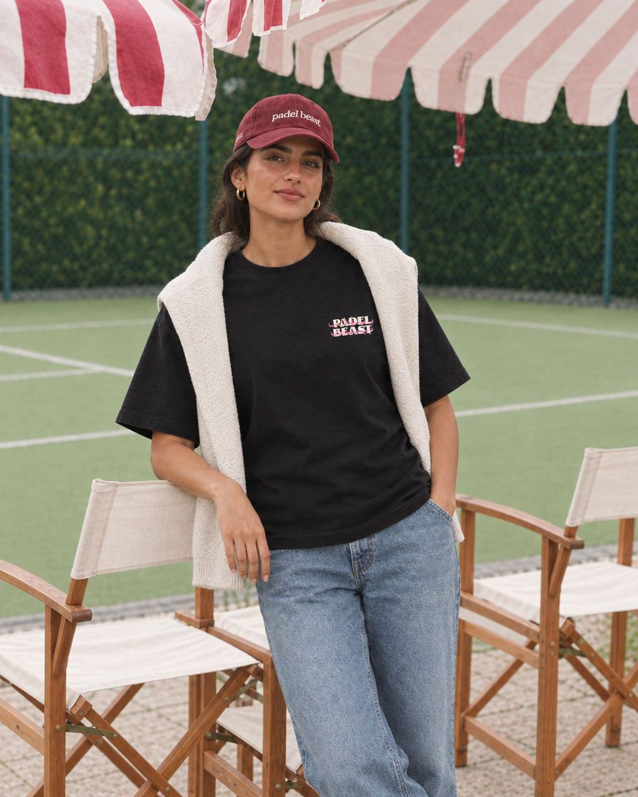 Padel Beast Arabic black tee on a woman, front