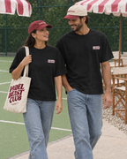 Couple wearing the Padel Beast Arabic black tee