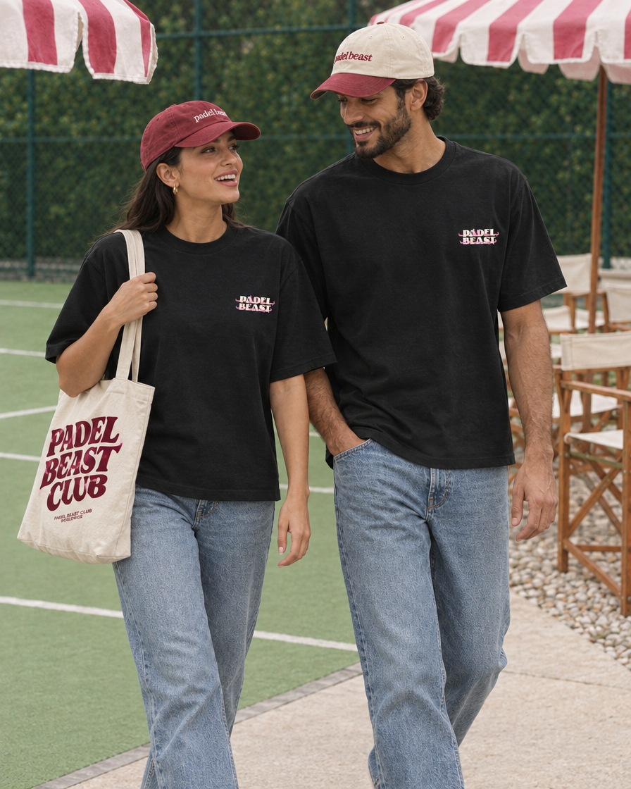 Couple wearing the Padel Beast Arabic black tee