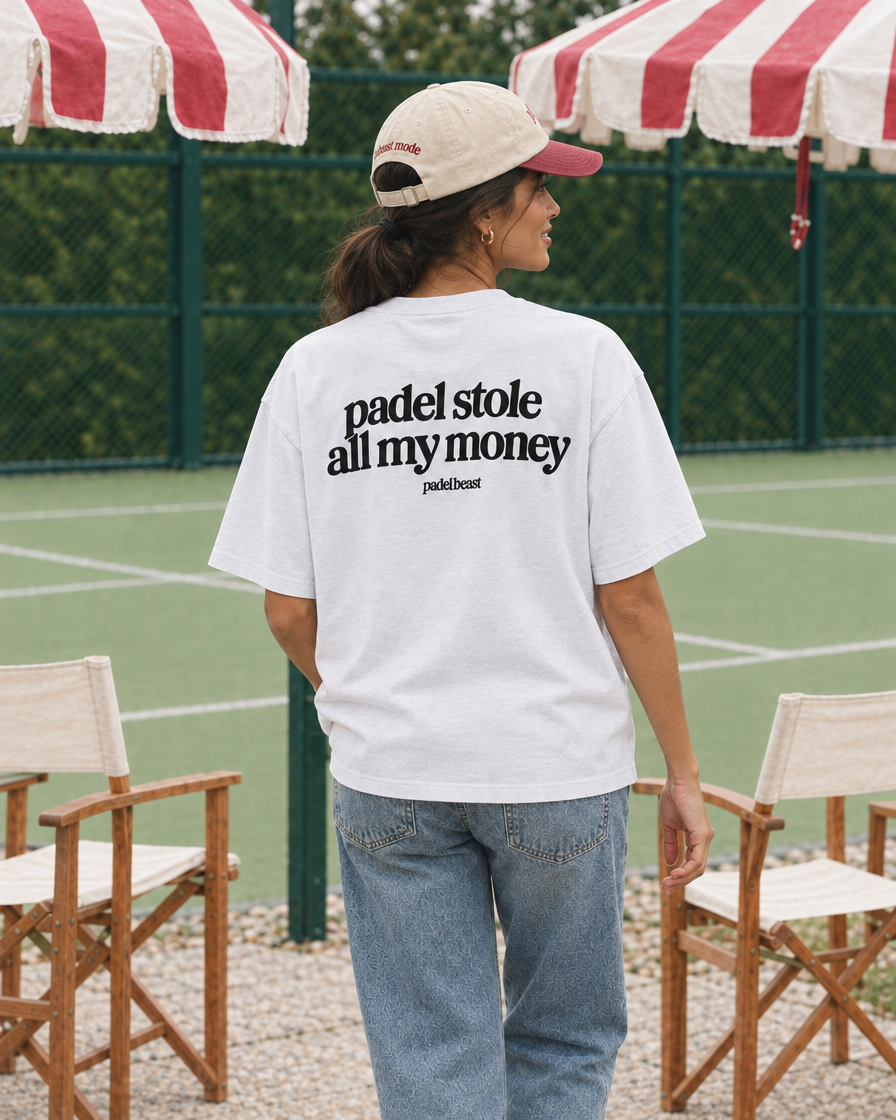 Padel Stole All My Money white tee - woman back