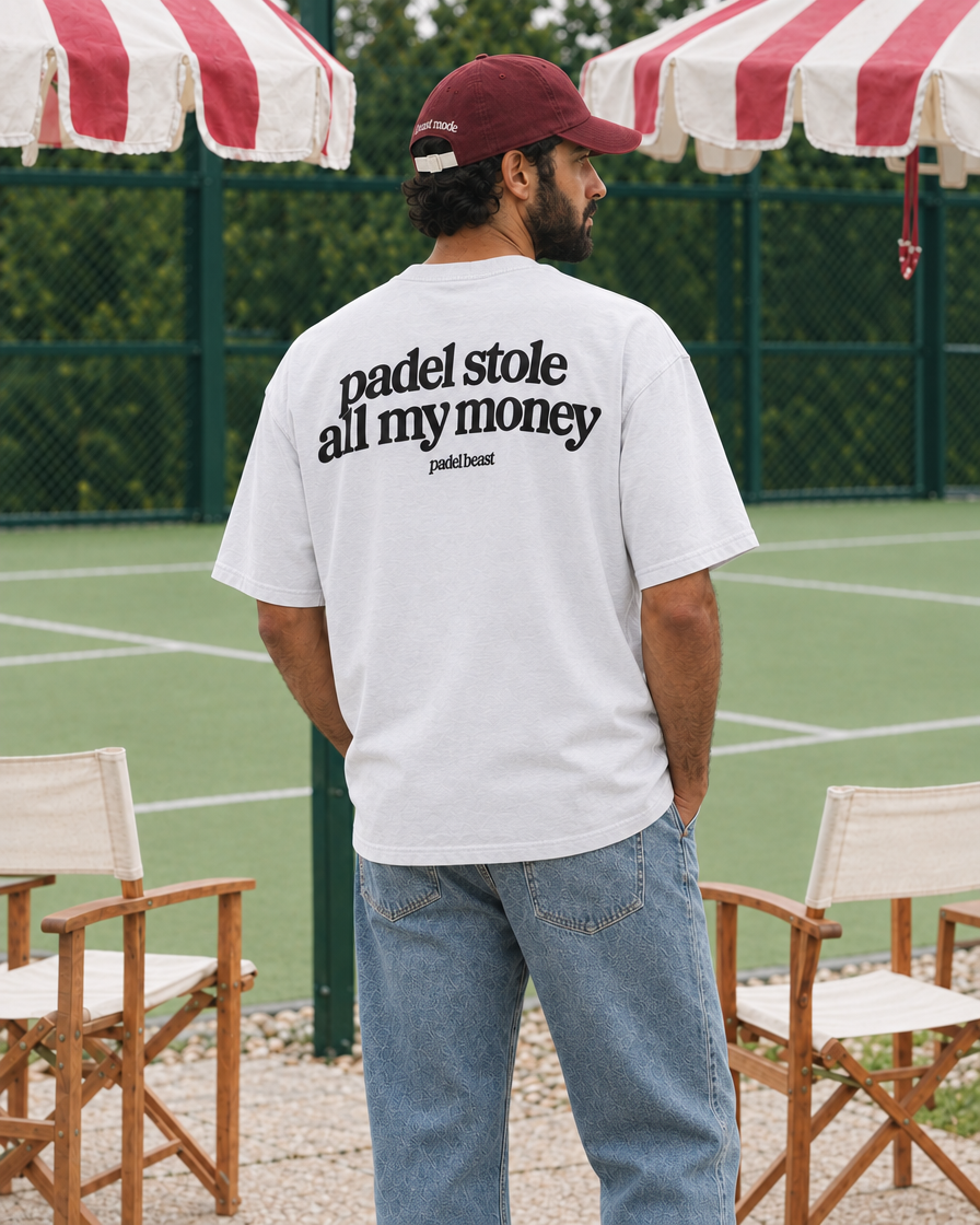 Padel Stole All My Money white tee - man back