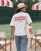 Pretty Girls Love Playing Padel white tee - woman back