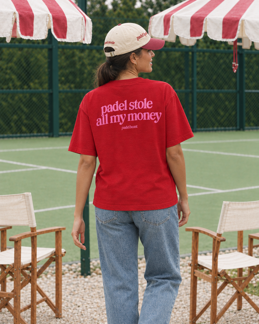 Padel stole all my money red tee, pink print - woman back