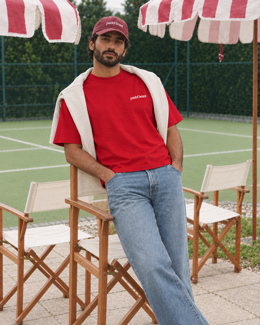 Padel stole all my money red tee, white print - man front