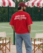 Padel stole all my money red tee, white print - man back