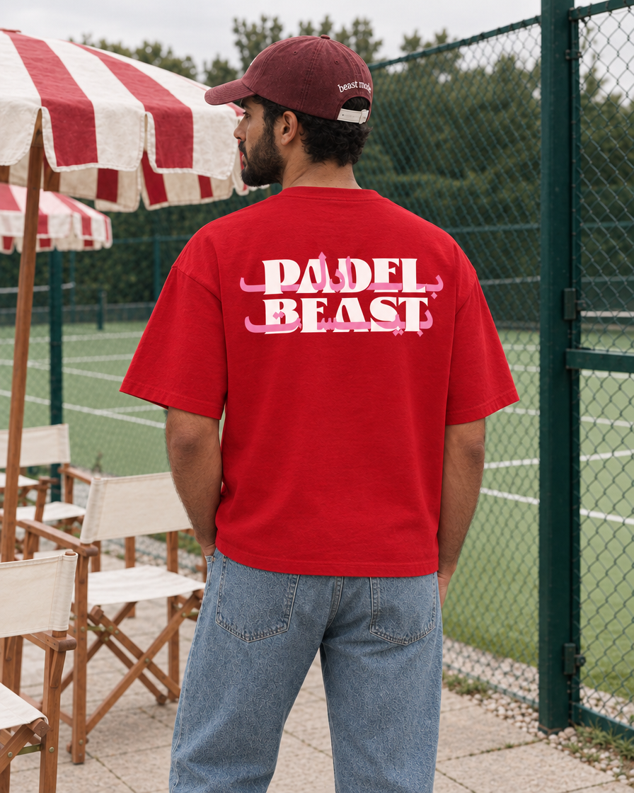 Padel Beast Arabic red tee - man back