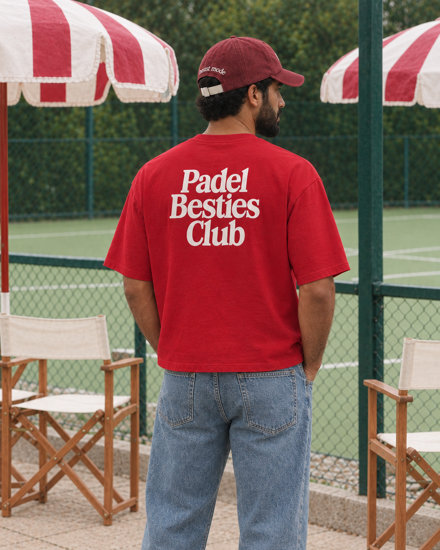 Padel Besties Club red tee, white print - man back