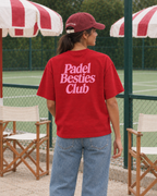Padel Besties Club red tee, pink print - woman back