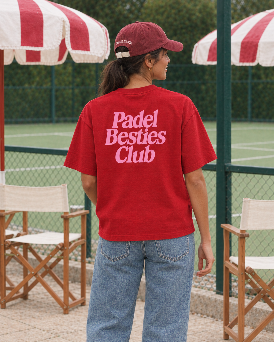 Padel Besties Club red tee, pink print - woman back