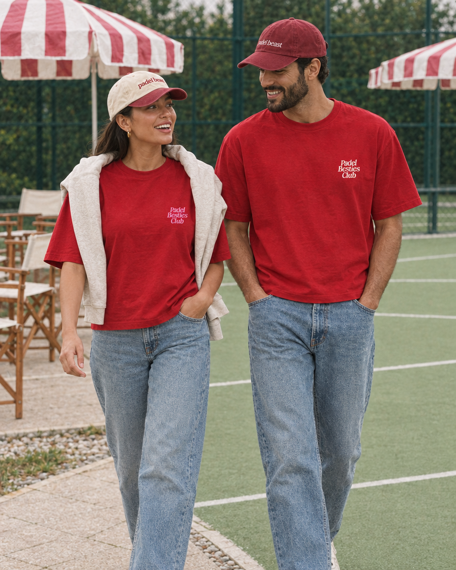 Padel Besties Club red tee - couple, pink and white prints