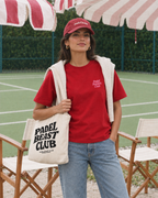 Padel Besties Club red tee, pink print - woman front