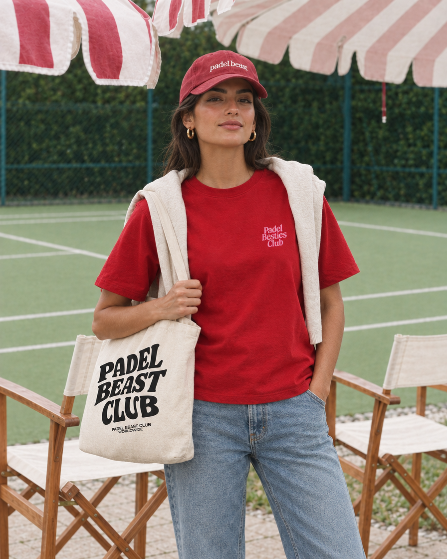 Padel Besties Club red tee, pink print - woman front