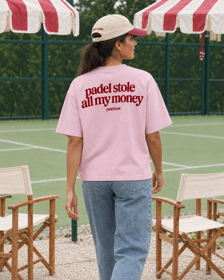 Padel stole all my money pink tee, red print - woman back