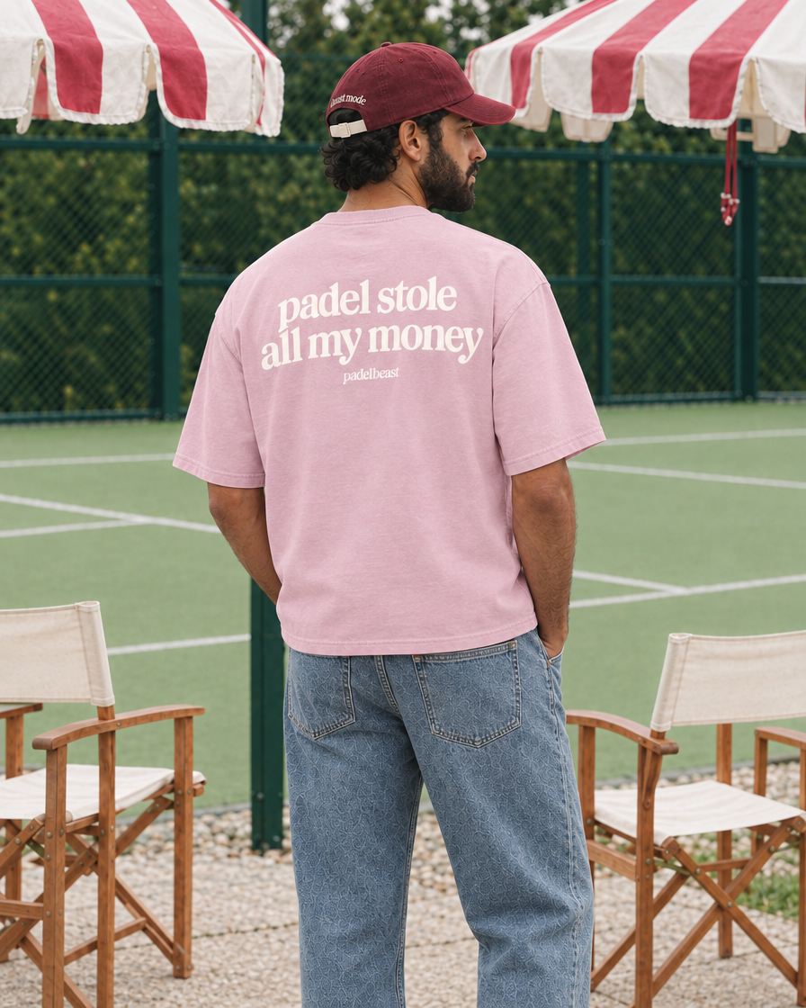 Padel stole all my money pink tee, white print - man back