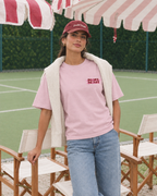 Padel Beast Arabic pink tee, red and pink print - woman front