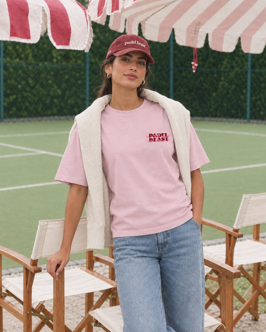 Padel Beast Arabic pink tee, red and pink print - woman front