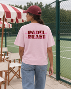 Padel Beast Arabic pink tee, red and pink print - woman back