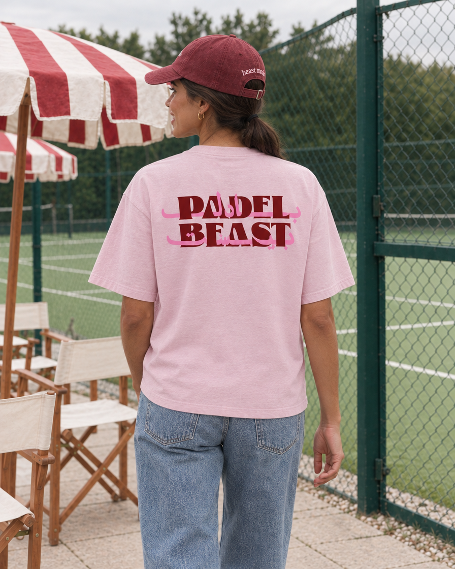 Padel Beast Arabic pink tee, red and pink print - woman back