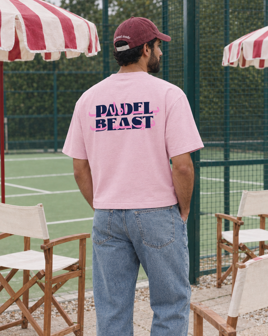 Padel Beast Arabic pink tee, navy print - man back