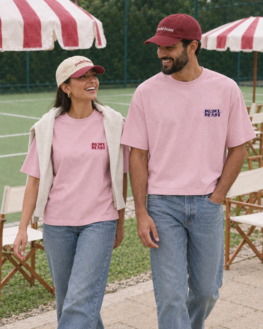 Padel Beast Arabic pink tee - couple, red-and-pink and navy prints