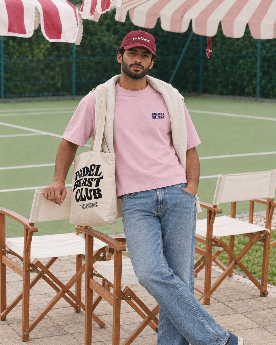 Padel Beast Arabic pink tee, navy print - man front