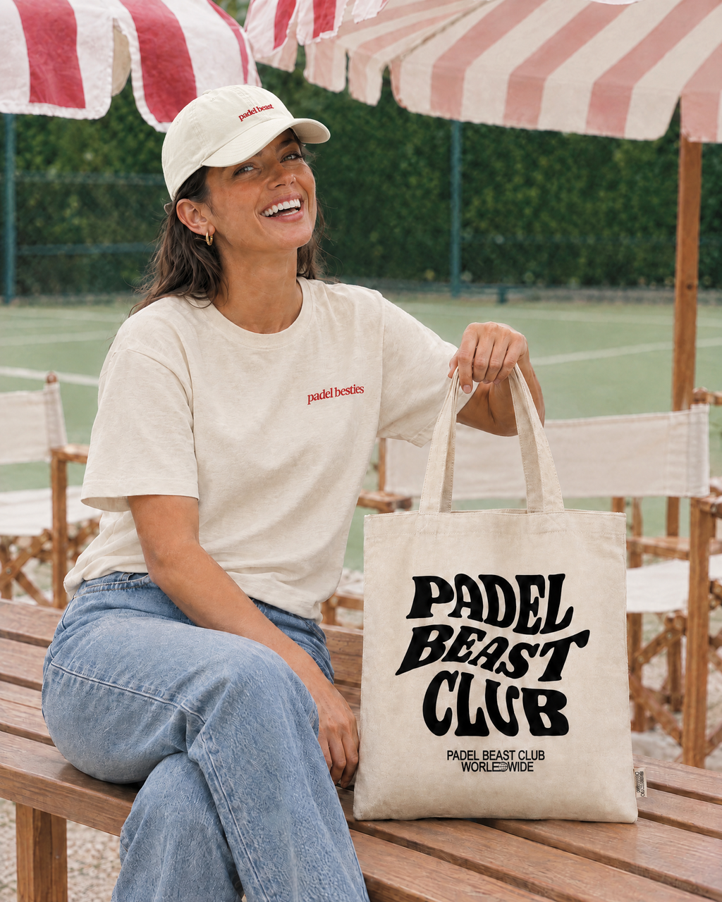 Padel Beast black tote on a bench at the padel club
