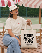 Padel Beast black tote on a bench at the padel club